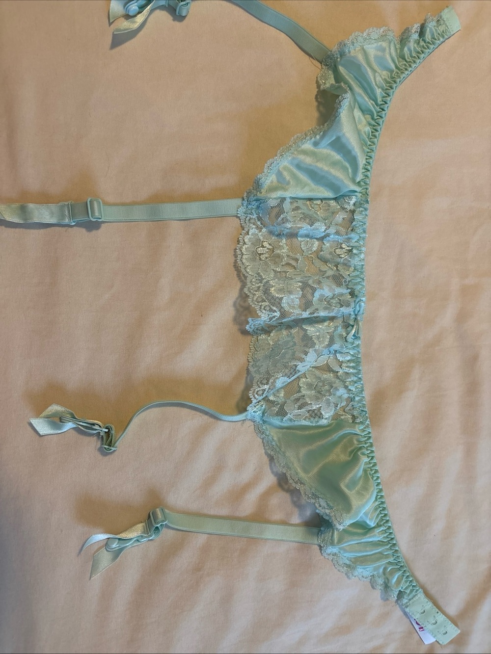 Vtg shape mates mint green lace ruffled, garter belt retro pinup coquette girl L